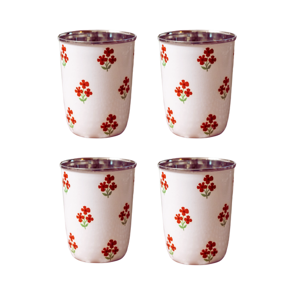 Red Floral Short Enamelware Tumbler - Set of 4