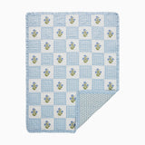 Trudie Dorothy Blue Embroidered Quilted Throw Blanket with small corner of the back of quilt showing