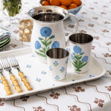 Trudie Blue Floral Hand-painted Enamelware Tray styled on a tabletop