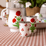Trudie Red Floral Short Enamelware Tumblers - Set of 4 styled on a tabletop
